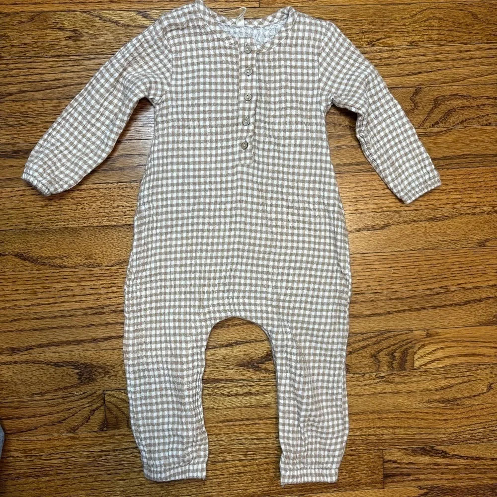 Quincy Mae Tan and White Gingham Woven Jumpsuit, 18-24 months